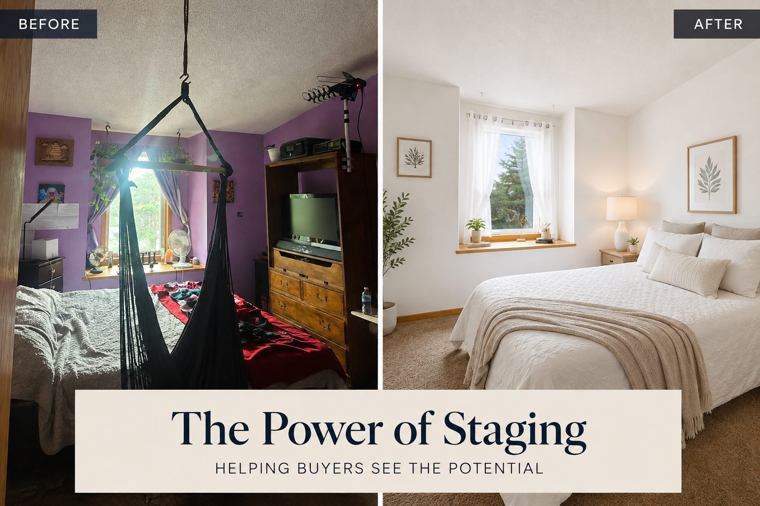 Before and after home staging of a bedroom in Minnesota